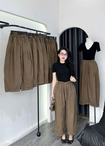 VRA0640-Set basic, áo thun đen+quần dài Nâu