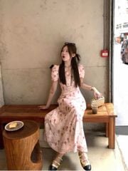 VRA0635-Đầm hoa cổ V thêu chỉ nhũ Hồng