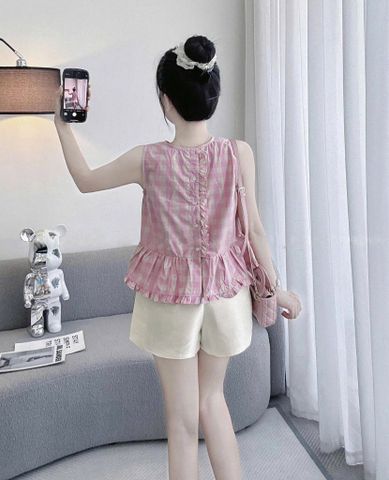 KS0878-Set áo caro Hồng phối nút sau lưng viền bèo, quần short Kem