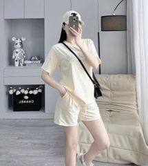 KS0867-Set thun, áo thêu chữ+quần short Kem