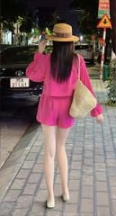 VGU0434 - SET ÁO CỔ TRỤ CỘT NƠ - QUẦN SHORT FULL HỒNG