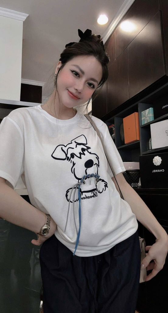 KS0862-Set áo thun trắng in cún đính charm, quần dài X.Đen