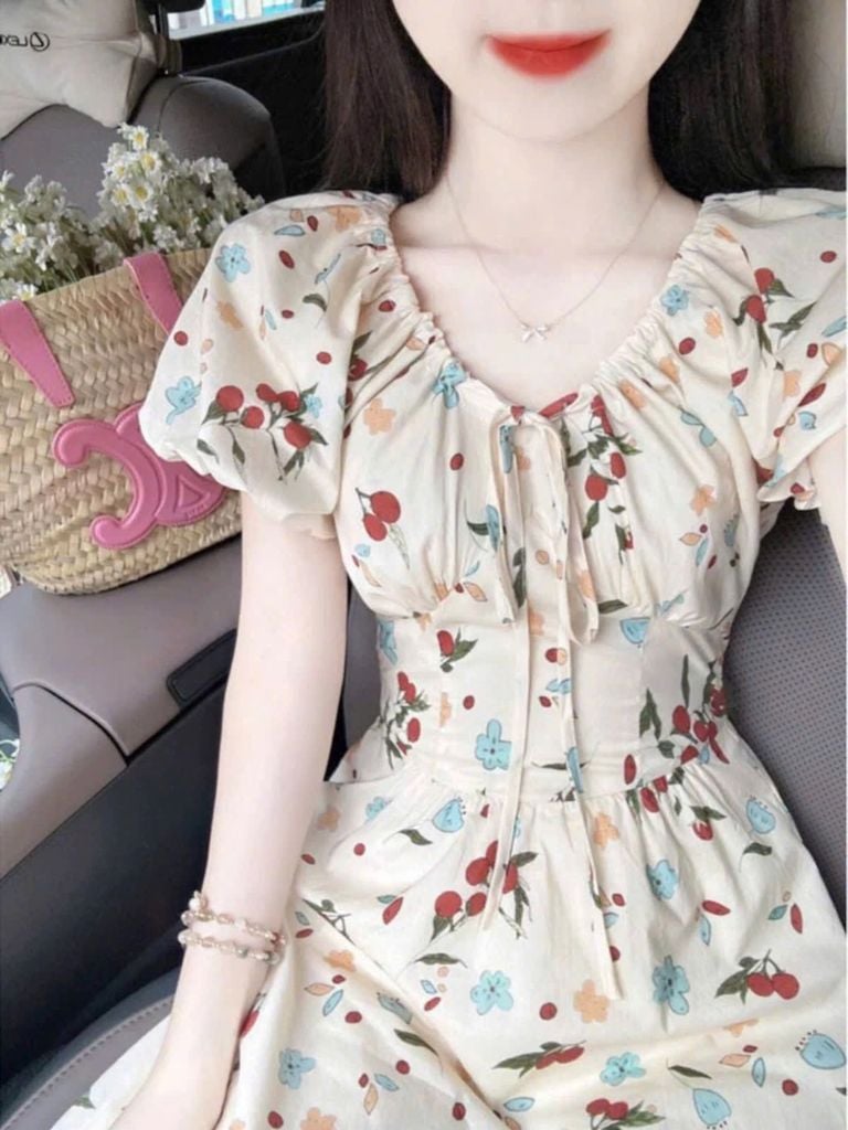 VRA0641-Đầm hoa tay phồng Kem