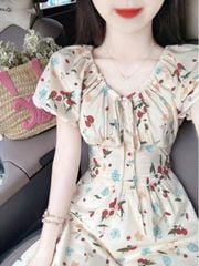 VRA0641-Đầm hoa tay phồng Kem