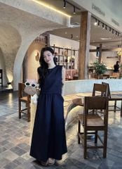 TB8503-Set áo sát nách nhúng bèo phối nút sau lưng +CV dài X.Đen