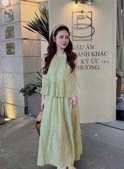 TB8510-Set tơ họa tiết hoa, áo babydoll + CV dài Xanh
