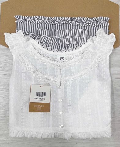 TQ4343-Set áo xô thêu cổ viền ren, quần sọc đen nhúng bèo