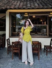 KS0892-Set áo sơ mi vàng cột nơ eo, quần suông Kem