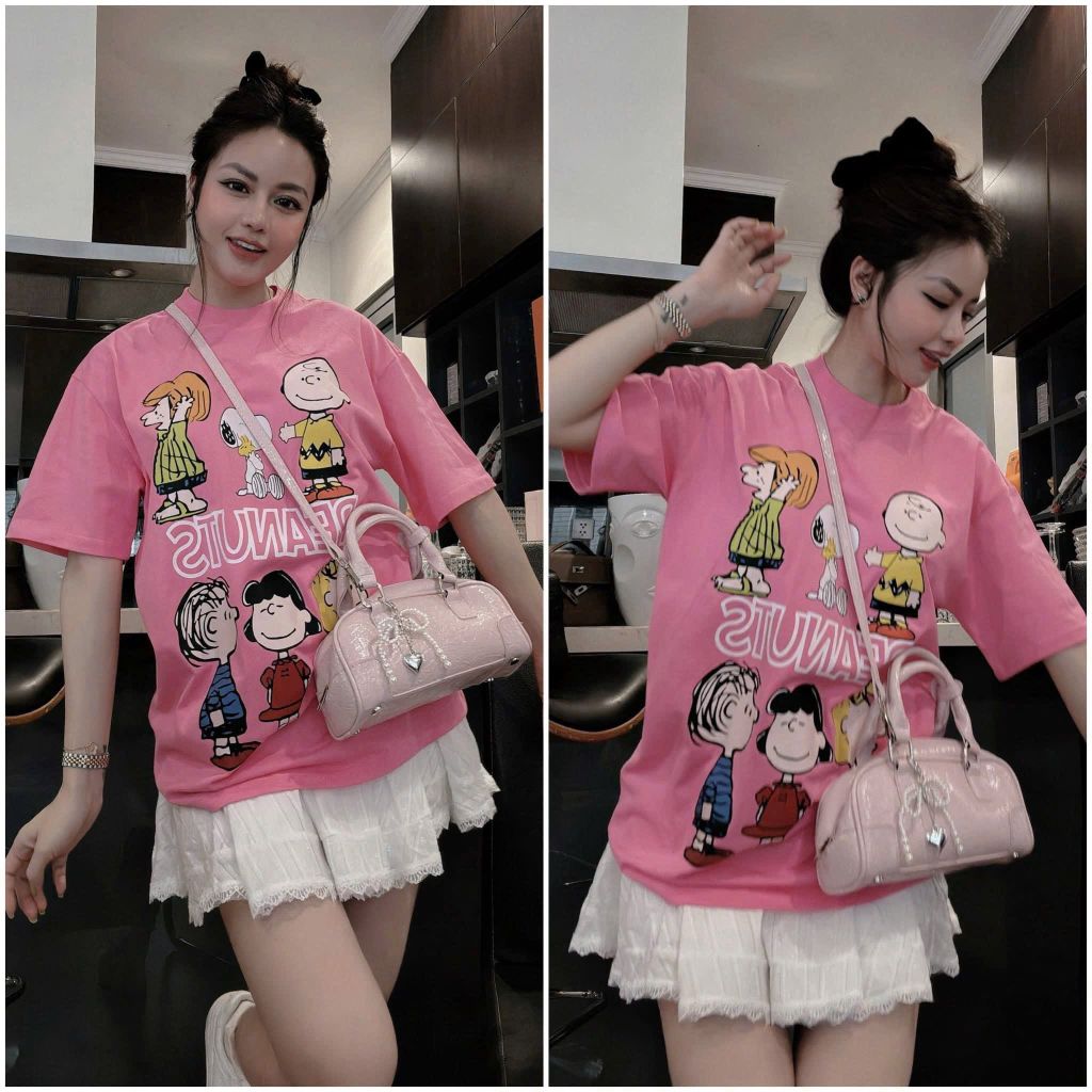 VRA0648-Set áo thun hồng in hình, CV tơ nhúng phối viền ren Trắng