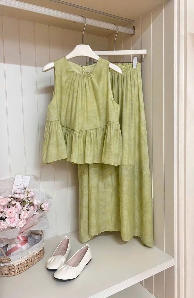 TB8510-Set tơ họa tiết hoa, áo babydoll + CV dài Xanh