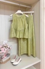 TB8510-Set tơ họa tiết hoa, áo babydoll + CV dài Xanh