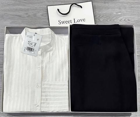 SKY8516-Set công sở CC, áo sơ mi kiểu+CV bút chì Đen (áo trắng)