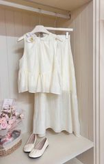 TB8508-Set tơ họa tiết hoa, áo babydoll + CV dài Kem
