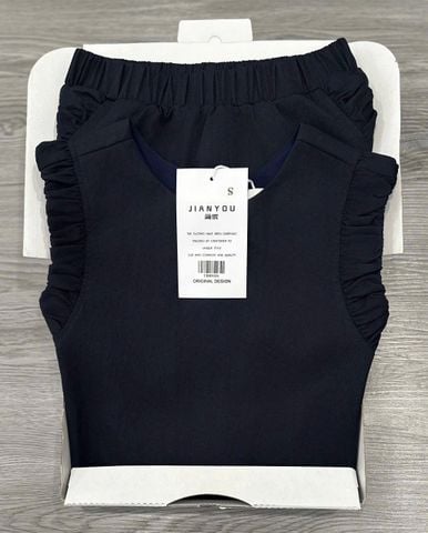 TB8503-Set áo sát nách nhúng bèo phối nút sau lưng +CV dài X.Đen