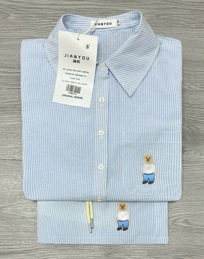 TB8507-Set áo sơ mi+quần short kẻ sọc thêu gấu Xanh Biển
