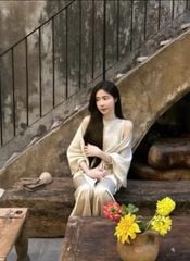 KS0863-Set áo linen +khăn choàng kem, quần lụa màu Da