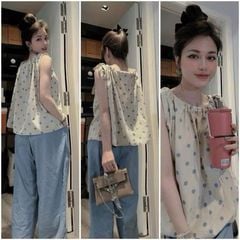 TB8456-Set áo chấm bi cột nơ vai, quần suông Xanh