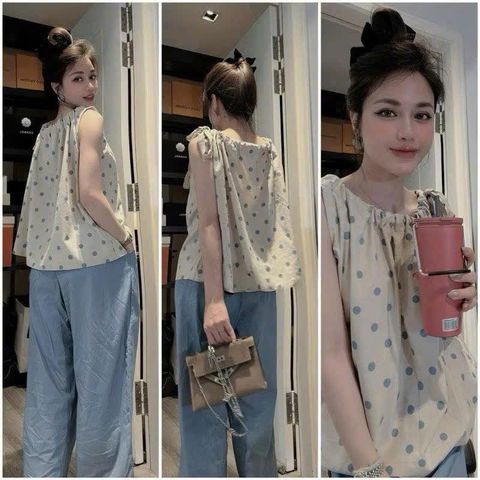 TB8457-Set áo chấm bi cột nơ vai, quần suông Hồng