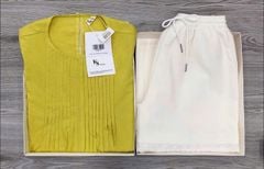 KS0861-Set linen, áo babydoll li ngực+quần short viền ren Kem