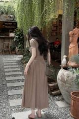 KS0837-Đầm thun body nhúng eo đính nút bọc Nâu