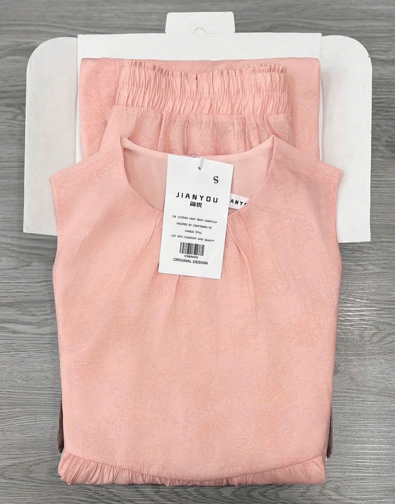 TB8509-Set tơ họa tiết hoa, áo babydoll + CV dài Hồng