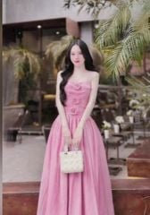 VGU0498-Đầm kiểu 2dây đính hoa Hồng