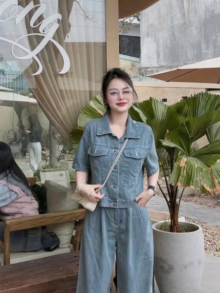 SKY8226-Set Jean CC, áo phối túi+quần suông X.Nhạt