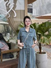 SKY8226-Set Jean CC, áo phối túi+quần suông X.Nhạt