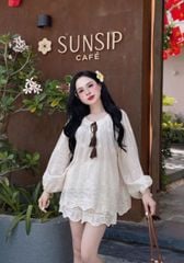SKY8501-Set thêu CC, áo tay dài +quần short Trắng
