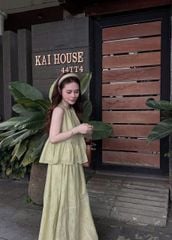 TB8510-Set tơ họa tiết hoa, áo babydoll + CV dài Xanh