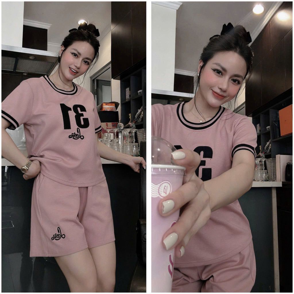 VGU0478-Set áo phối viền số 31, quần short thêu chữ Hồng