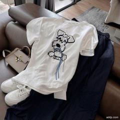 KS0862-Set áo thun trắng in cún đính charm, quần dài X.Đen