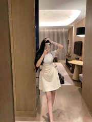 TQ4342-Đầm ngắn nhúng eo Kem