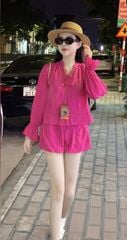 VGU0434 - SET ÁO CỔ TRỤ CỘT NƠ - QUẦN SHORT FULL HỒNG