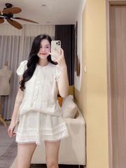 TQ4347-Set basic, áo li ngực phối ren+CV ngắn Trắng