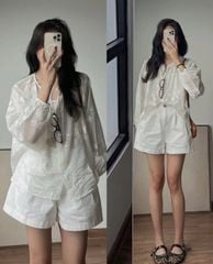 VGU0459-Set áo tơ thêu hoa CC, quần short kaki Trắng