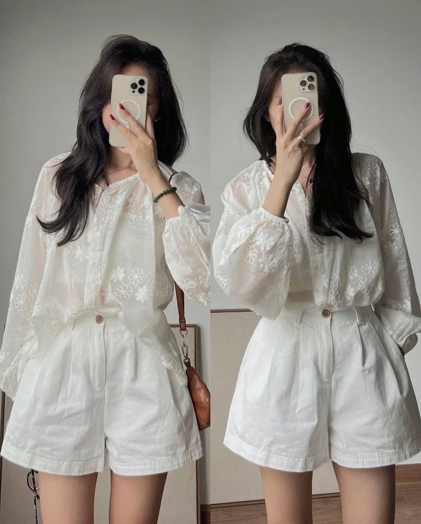 VGU0459-Set áo tơ thêu hoa CC, quần short kaki Trắng