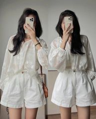 VGU0459-Set áo tơ thêu hoa CC, quần short kaki Trắng