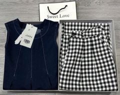 TB8452-Set áo sát nách, quần suông caro Đen