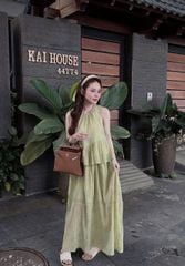 TB8510-Set tơ họa tiết hoa, áo babydoll + CV dài Xanh
