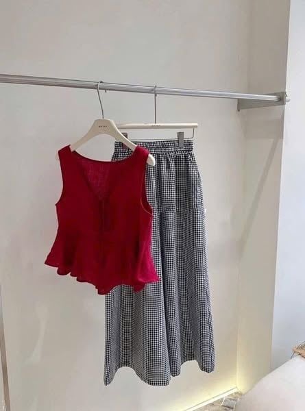 TQ4336-Set áo babydoll cột nơ đỏ, quần suông caro nhí Đen