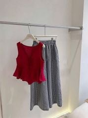 TQ4336-Set áo babydoll cột nơ đỏ, quần suông caro nhí Đen