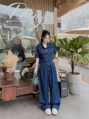SKY8225-Set Jean CC, áo phối túi+quần suông X. Đậm