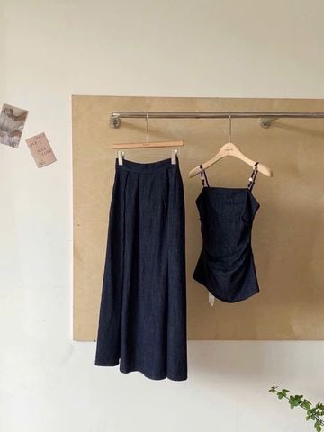 KS0891-Set jean, áo 2 dây đính hạt nhúng eo+CV dài X.Đen