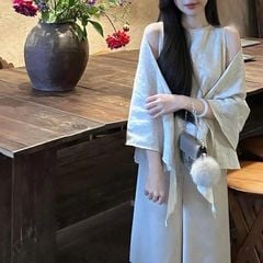 KS0863-Set áo linen +khăn choàng kem, quần lụa màu Da