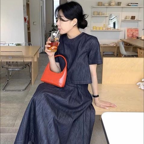 KS0872-Set jean, áo phối nút sau lưng+CV xòe CC