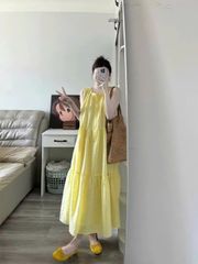 KS0865-Đầm suông phối nút Vàng