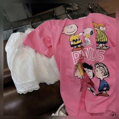 VRA0648-Set áo thun hồng in hình, CV tơ nhúng phối viền ren Trắng