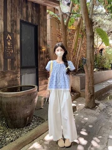 TQ1808-Set áo họa tiết tim Xanh phối chân ren, quần dài Trắng