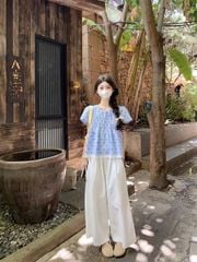 TQ1808-Set áo họa tiết tim Xanh phối chân ren, quần dài Trắng